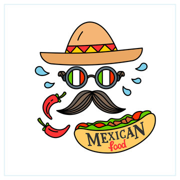 Mexican food. Creative design emblem with lettering. Restaurant template isolated on white background. Vector illustration.