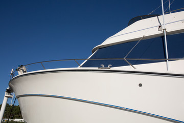 large white boat shot of the front of the bow