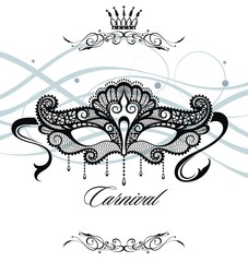 Beautiful mask of lace symbol. Mardi Gras vector background. White and black masquerade element. Venetian carnival logo. 