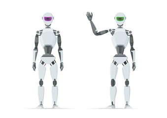 White robot shows emotions. Artificial intelligence. Vector flat illustration isolated on white background.