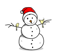 Snowman Wearing Santa Hat Cartoon, a hand drawn vector cartoon illustration of a snowman on Christmas day.