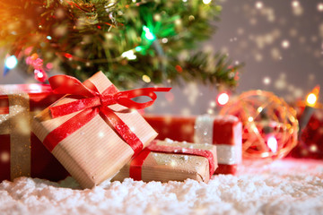 Christmas background with christmas balls, gifts and decoration