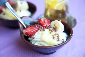 Sweet dessert with banana and strawberry