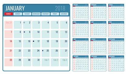 Vector monthly calendar template 2018 year