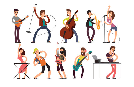 Rock and pop musicians vector cartoon characters. Young guitarists, drummers and singers artists isolated