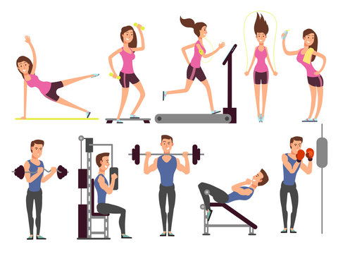 Gym exercises, body pump workout vector set with cartoon sport man and woman characters. Fitness people