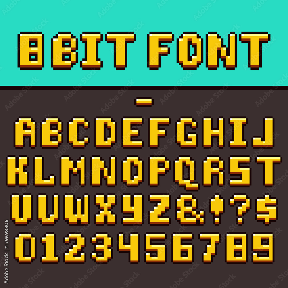 Fototapete pixel video game fun alphabet and numbers. 8-bit pixel oldschool gaming vector font