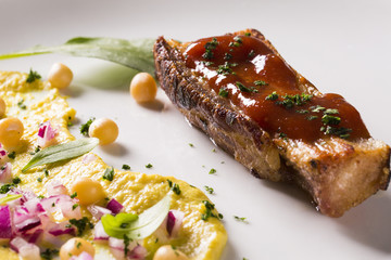 grilled bacon with guava jam, pea salad, watercress and onion.