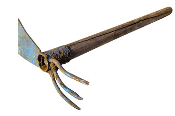 The old dirty hoe. Utensils for the garden