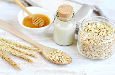 Natural Ingredients for Homemade Oat Body Face Milk Scrub Salt Oil Honey Beauty Concept Organic Eco Healthy Lifestyle