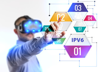 Business, Technology, Internet and network concept. Young businessman working in virtual reality glasses sees the inscription: IPv6