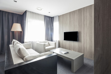 Fototapeta na wymiar living room with hd tv, sofa, table at the hotel, seoul