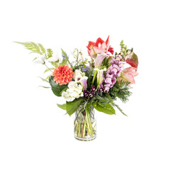 Bouquet of Mixed Flowers in a Glass Vase Isolated on White
