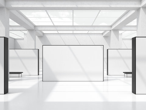 Bright exhibition hall with windows in the ceiling. 3d rendering