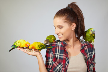 Obraz premium Woman feeding parrots. isolated shoot