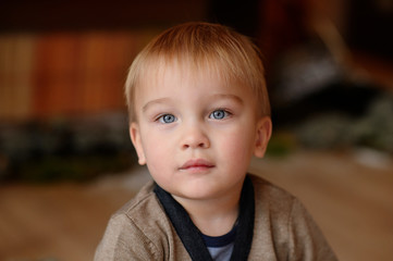 Little child near the fireplace with flowers. Merry Christmas. Happy New Year.