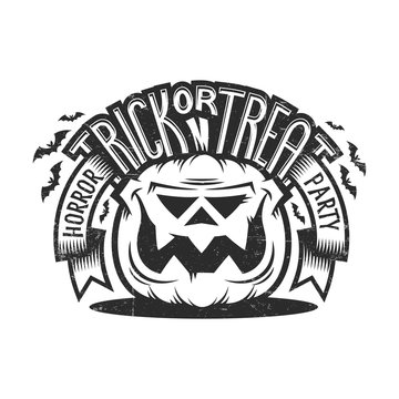 Trick or treat Halloween emblem in  vintage style with smiling pumpkin, ribbons, bat silhouettes and lettering. Worn effect on a separate layer and can be easily disabled.