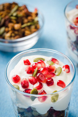 Pomegranate vanilla granola parfait on light blue background. Selective focus, space for text. 