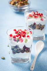 Toasted granola coconut cream vegan parfait on light blue background. Selective focus, close up.