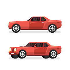 Fototapeta premium Red sports powerful car with big engine. Vector detailed illustration - side view and pseudo 3d in half turn.