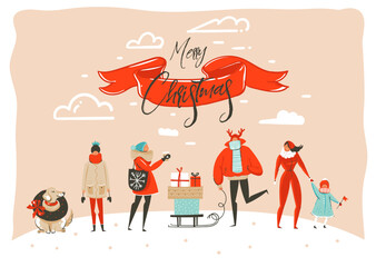 Hand drawn vector abstract fun Merry Christmas time cartoon illustration greeting card with group of people in winter clothing,surprise gift boxes and xmas calligraphy isolated on craft background