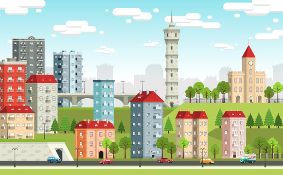 European city landscape with colored houses, town hall, tower, tunnel, bridge, trees, Street light, cars. Vector illustration.
