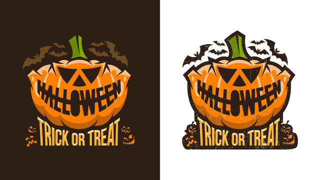 Unusual vintage halloween logo with pumpkin and lettering. Variants for dark and light backgrounds. Worn texture on  separate layer and can be easily disabled.