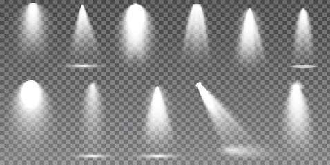 Scene illumination collection, transparent effects. Bright lighting with spotlights.