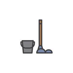 Bucket and mop with duster filled outline icon, line vector sign, linear colorful pictogram isolated on white. Symbol, logo illustration. Pixel perfect vector graphics