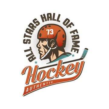 Authentic vintage hockey logo with player's head in retro helmet and inscriptions around.