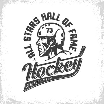Hockey black and white retro logo with player in helmet side view, stick and inscriptions. Worn texture on  separate layer and can be easily disabled.