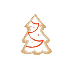Hand drawn vector abstract fun Merry Christmas time cartoon illustration icon with baked gingerbread cookie Christmas tree shape isolated on white background