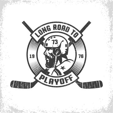 Hockey  playoff retro emblem with bearded player, crossed sticks and heraldic circular ribbon. Worn texture on  separate layer and can be easily disabled.