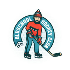 Hockey retro emblem for amateur club with bearded man in sports clothes with stick and puck. Halftone dots are grouped and easily removed if necessary.