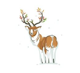 Hand drawn vector abstract fun Merry Christmas time cartoon illustration with young reindeer and branch antlers with leaves isolated on white background