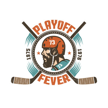 Vintage hockey playoff mascot -  bearded  player in retro helmet with  crossed hockey sticks. Worn texture on  separate layer and can be easily disabled.