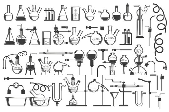 Chemical science design elements great set - equiment, flasks, retorts, containers, racks, hoses and so on.