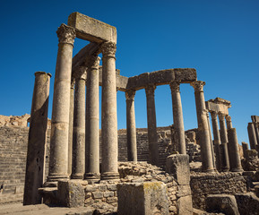 Ancient Roman ruins, historical monuments. Theater in Tunisia. Journey.