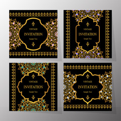 Fototapeta na wymiar Wedding Invitation card templates with gold patterned and crystals on background color.
