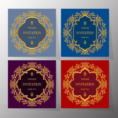  Wedding Invitation card templates with gold patterned and crystals on background color.