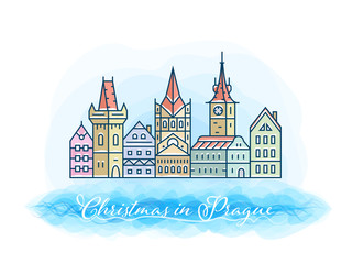 Christmas in Prague postcard illustration. Old town skyline