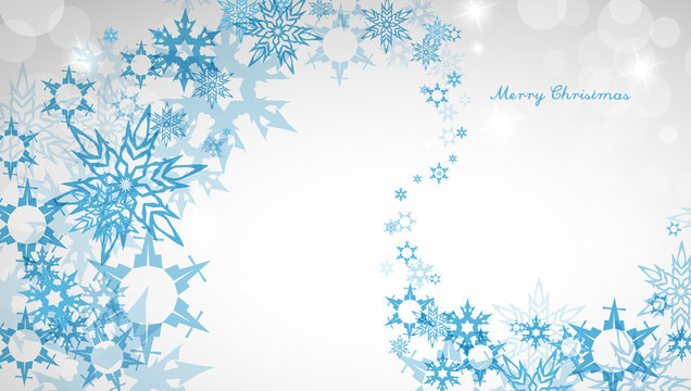 Christmas light background with blue snowflakes and Merry Christmas text - light version