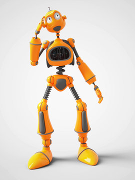 Yellow cartoon robot thinking about something.