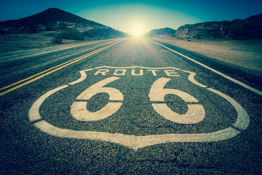 Route 66 vintage colour effect into the sun