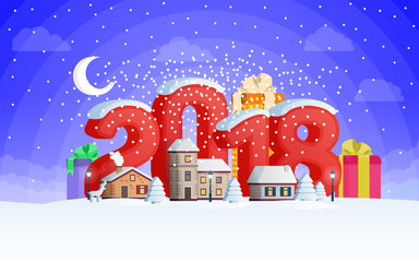 New year 2018. Greeting card. Flat 3d numbers and objects. The winter vacation. A small town in the mountains at night. Mountains, buildings, trees and snow. Christmas travel vector illustration.