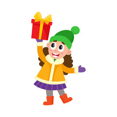vector flat kids with presents. Young girl in outdoor winter clothing and green hat holding present box with red wrapping and yellow bow smiling. Isolated illustration on a white background.