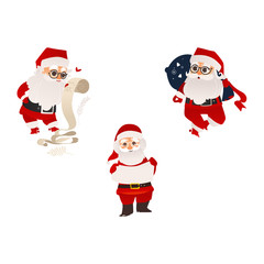 vector flat cartoon santa claus in christmas stockings and hat holding paper scroll, carrying big bag with presents and standing with poster set. Holiday illustration isolated on a white background