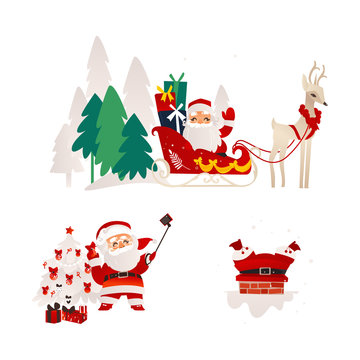 vector flat cartoon santa claus in christmas clothing riding reindeer flying sleigh smiling, stuck in the chimney on the roof and making selfie with present boxes set. Illustration isolated