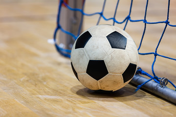 Football futsal ball goal and floor. Indoor soccer sports hall. Sport Futsal background. Indoor...