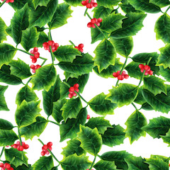 Seamless pattern with watercolor drawing of Christmas holly